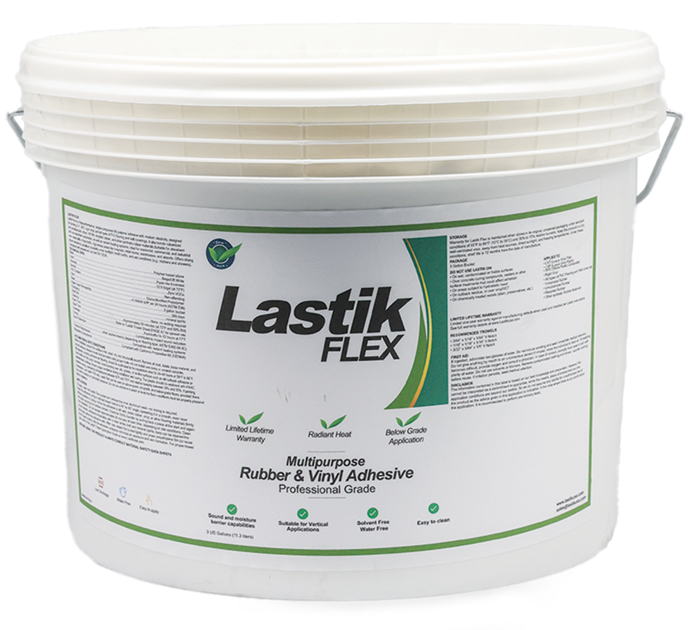 White bucket of Lastik Flex adhesive with a green label on a white background