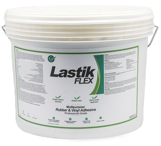White bucket of Lastik Flex adhesive with a green label on a white background